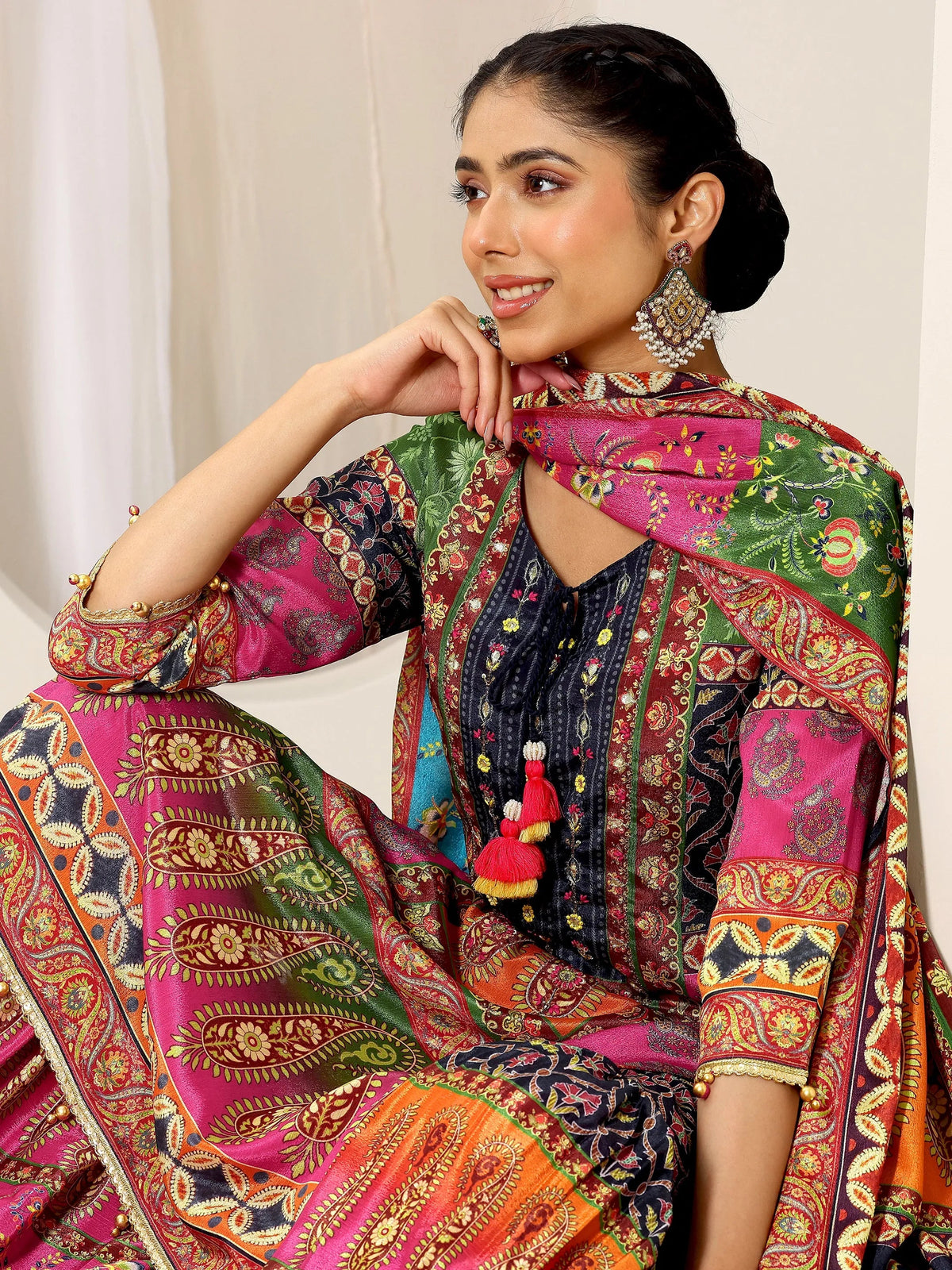 Libas Multi Printed Chinon Straight Sharara Suit Set With Dupatta