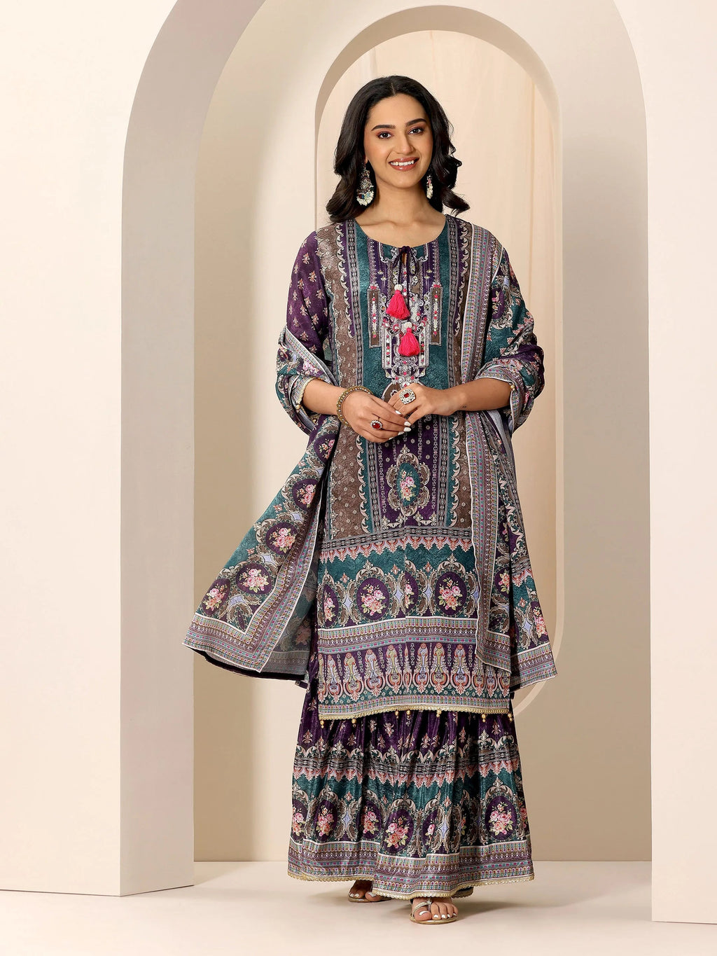 Libas Multi Printed Chinon Straight Sharara Suit Set With Dupatta