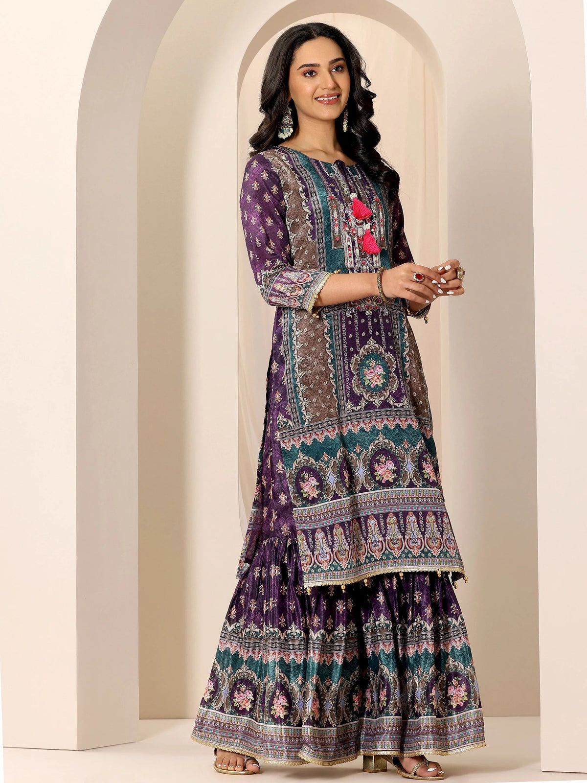 Libas Multi Printed Chinon Straight Sharara Suit Set With Dupatta