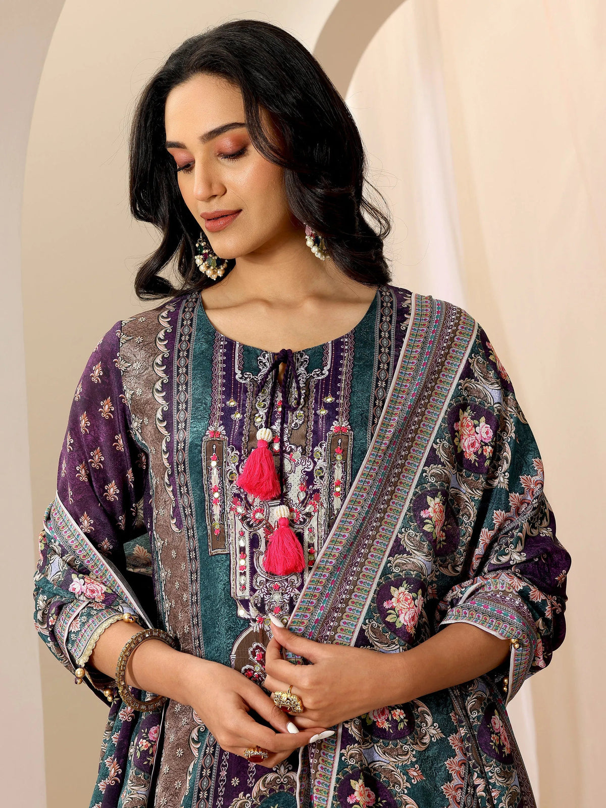 Libas Multi Printed Chinon Straight Sharara Suit Set With Dupatta