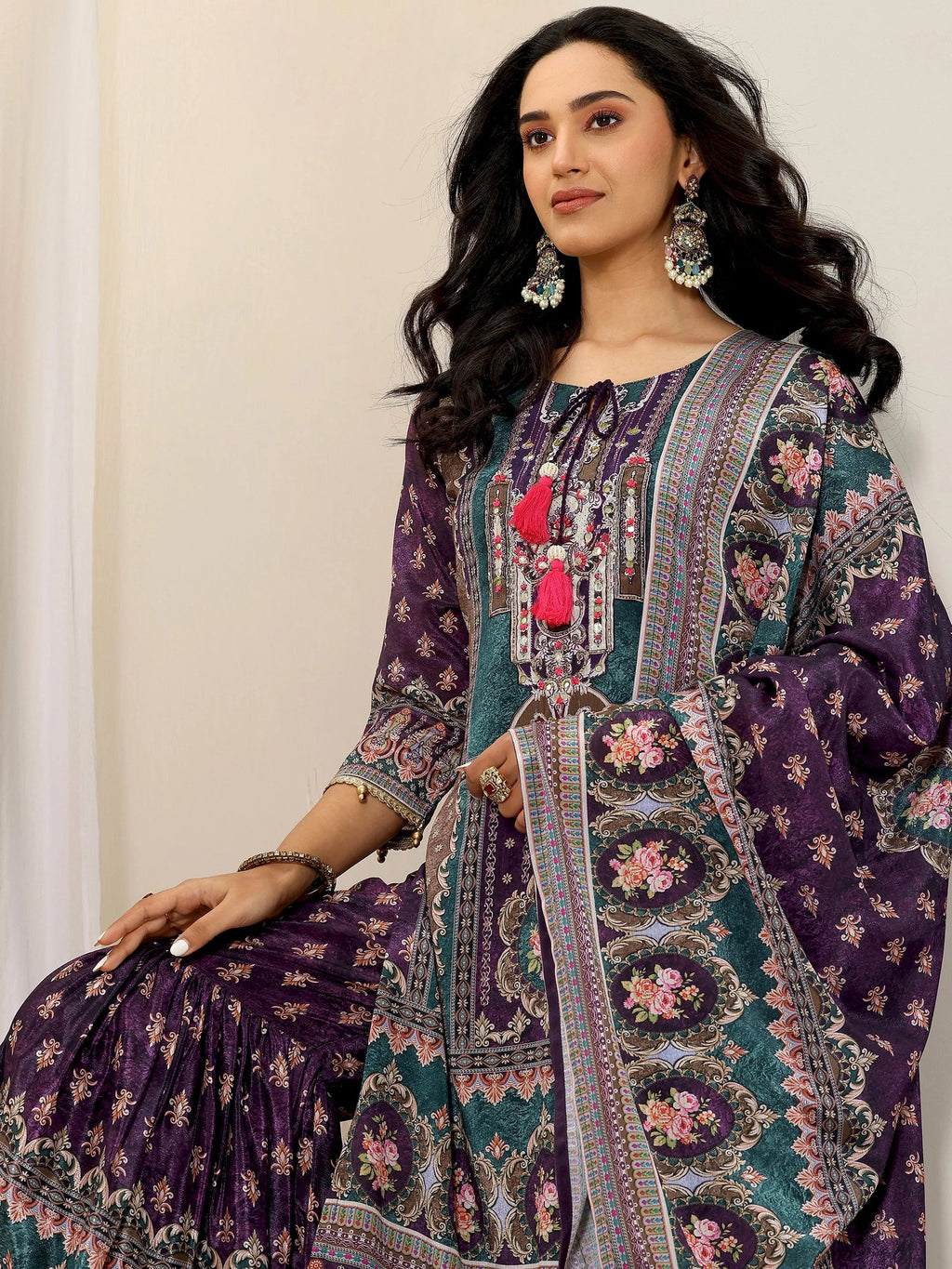 Libas Multi Printed Chinon Straight Sharara Suit Set With Dupatta