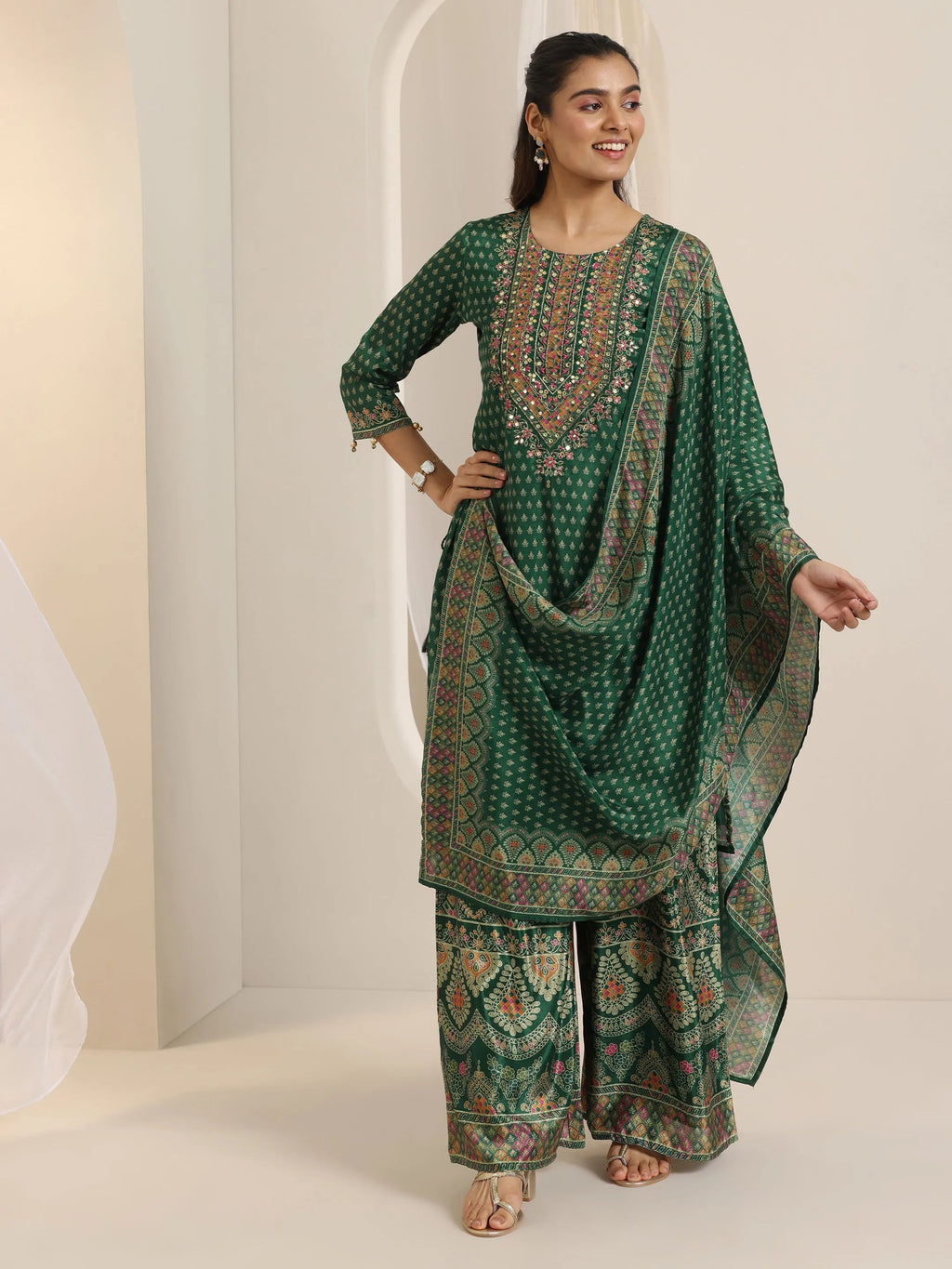 Libas Green Printed Chinon Straight Suit Set With Dupatta