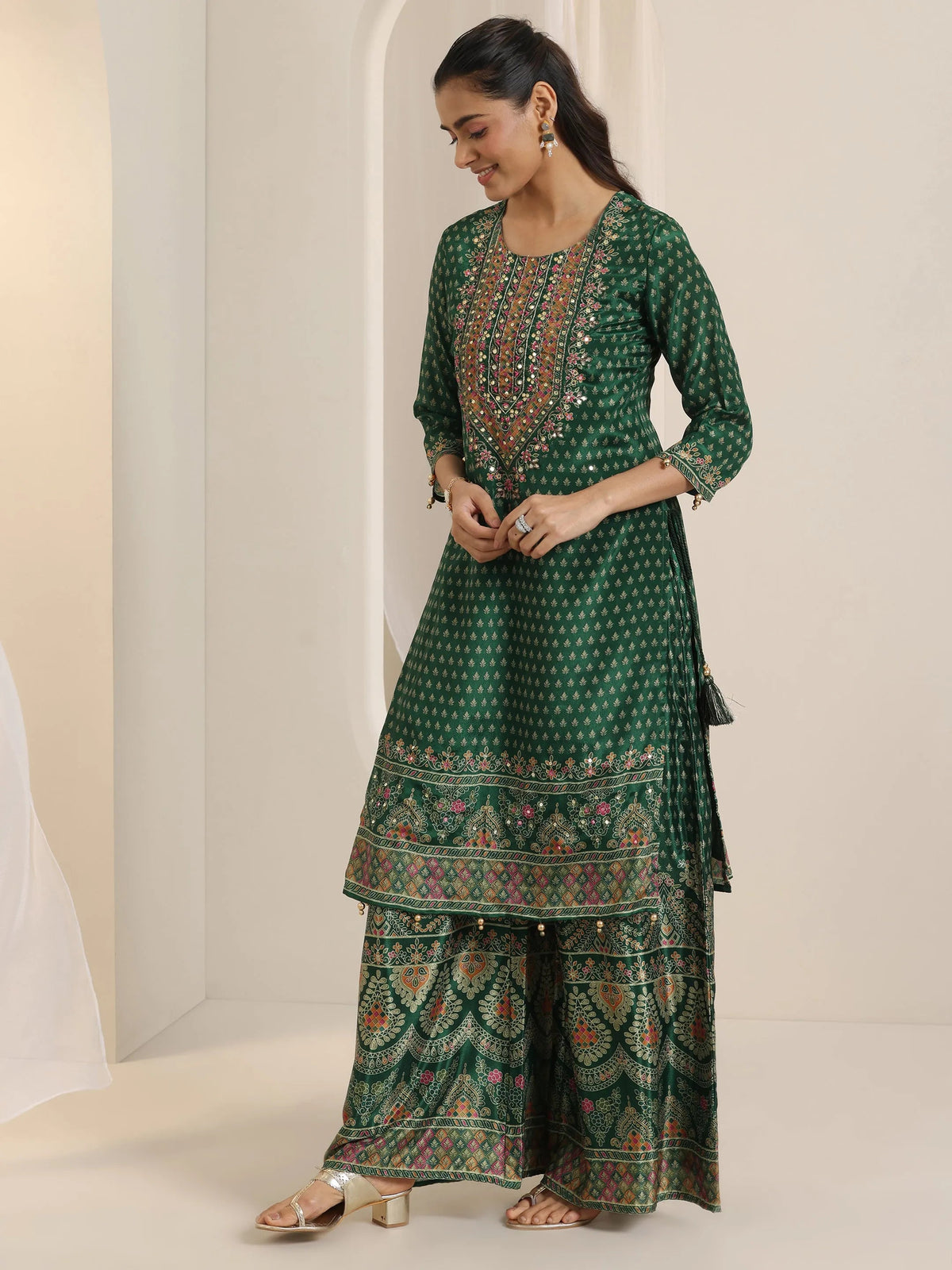 Libas Green Printed Chinon Straight Suit Set With Dupatta