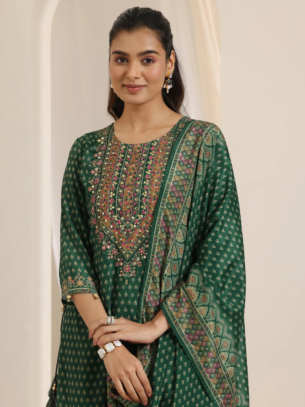 Libas Green Printed Chinon Straight Suit Set With Dupatta