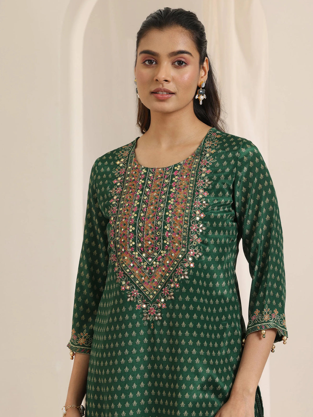 Libas Green Printed Chinon Straight Suit Set With Dupatta
