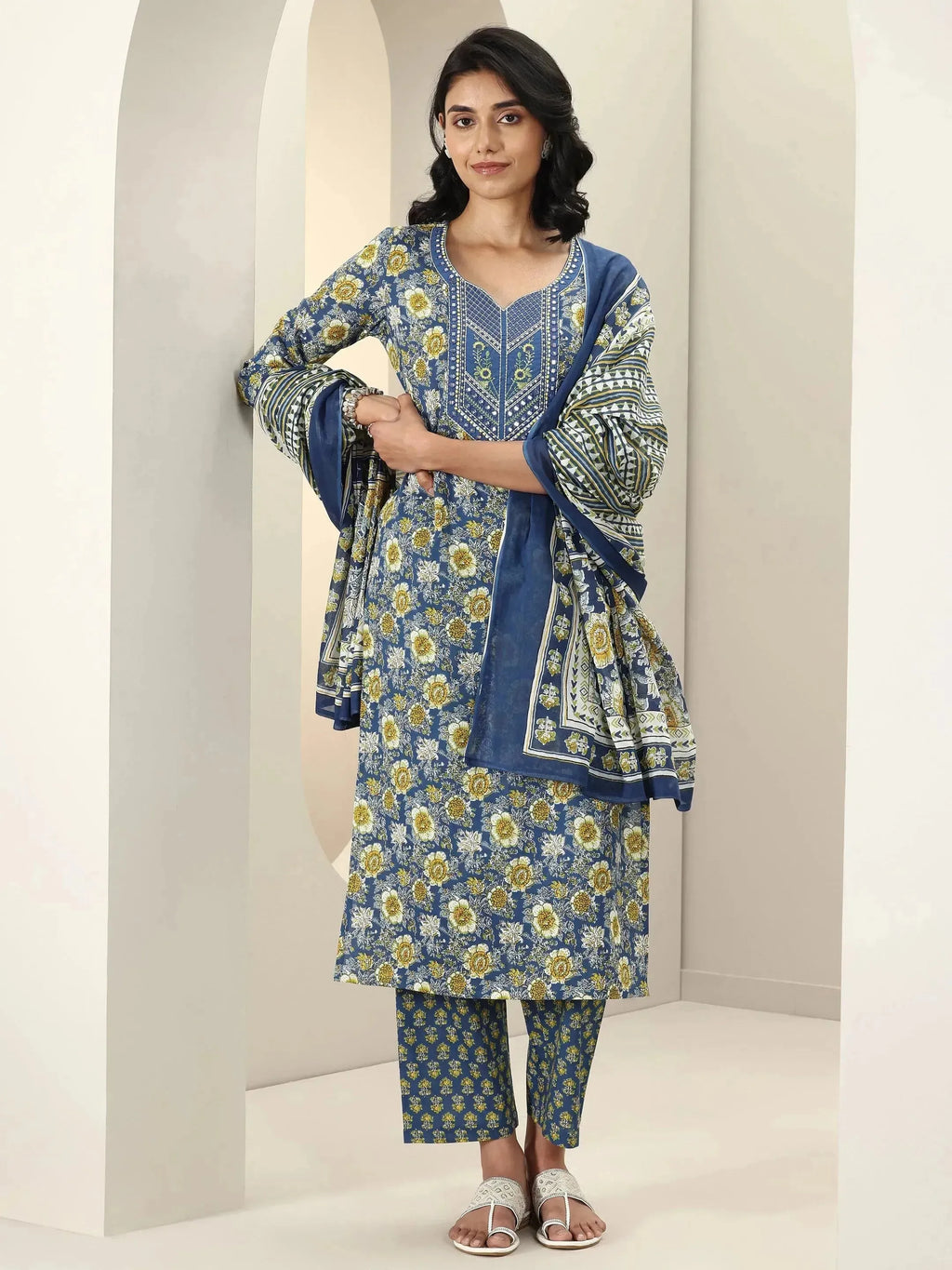 Libas Blue Printed Cotton Straight Suit Sets With Dupatta