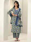 Libas Blue Printed Cotton Straight Suit Sets With Dupatta