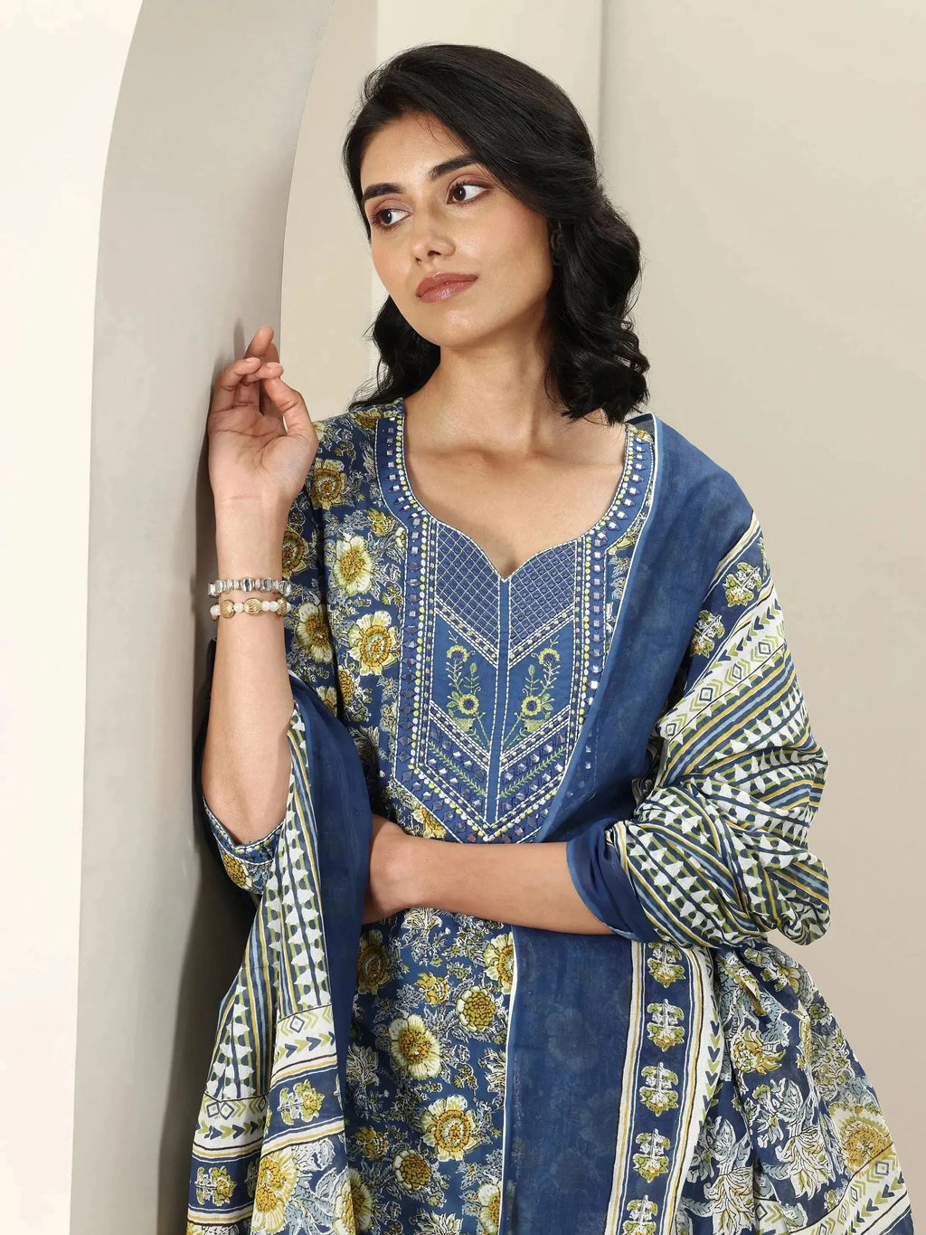 Libas Blue Printed Cotton Straight Suit Sets With Dupatta