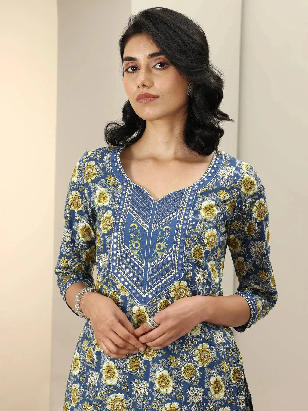 Libas Blue Printed Cotton Straight Suit Sets With Dupatta