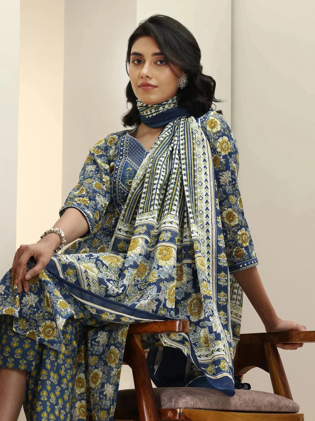 Libas Blue Printed Cotton Straight Suit Sets With Dupatta