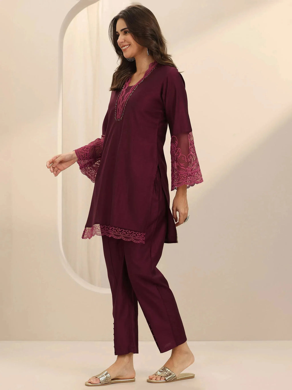 Libas Burgundy Self Design Silk Blend Co-Ord Sets