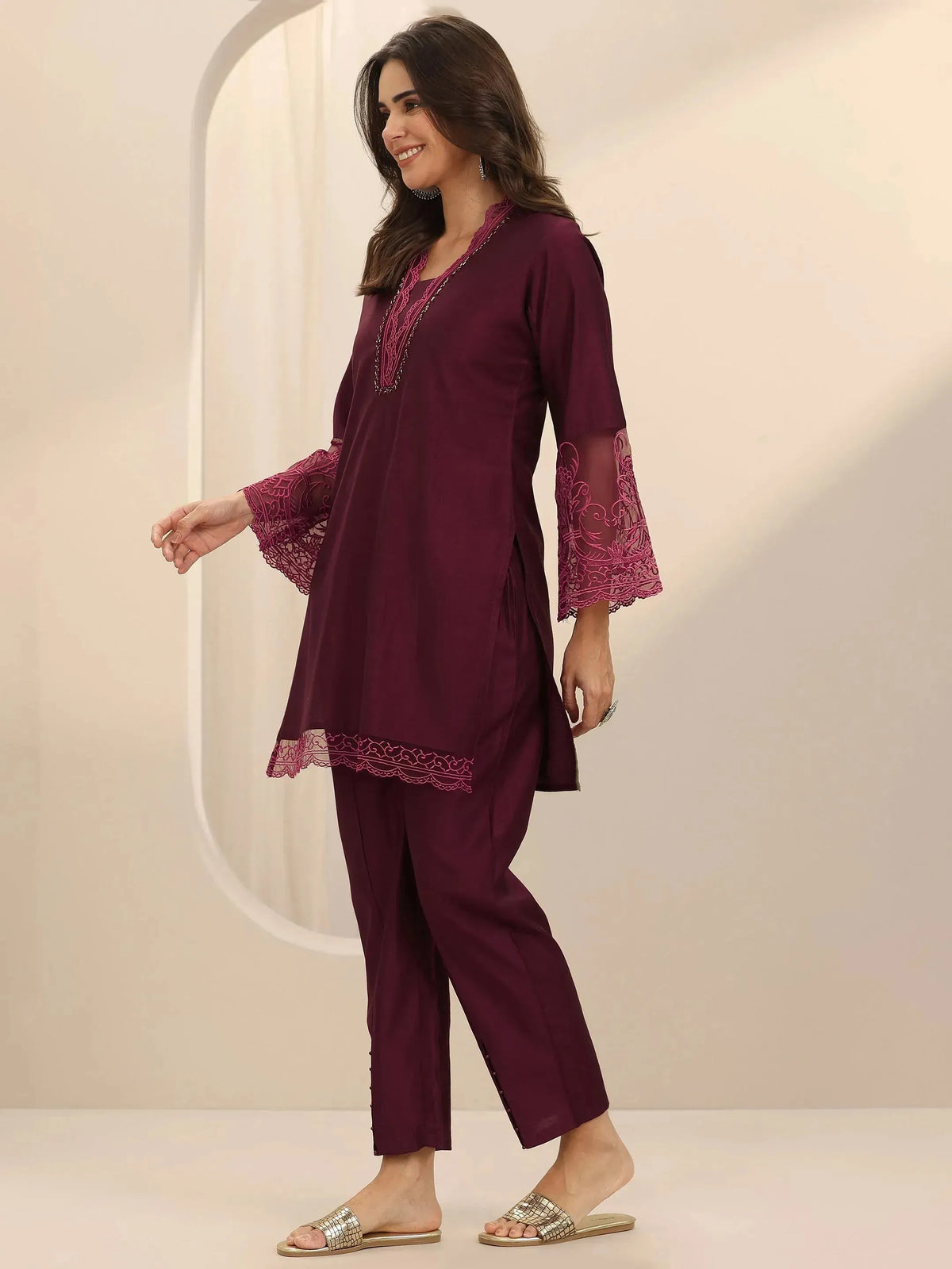 Libas Burgundy Self Design Silk Blend Co-Ord Sets