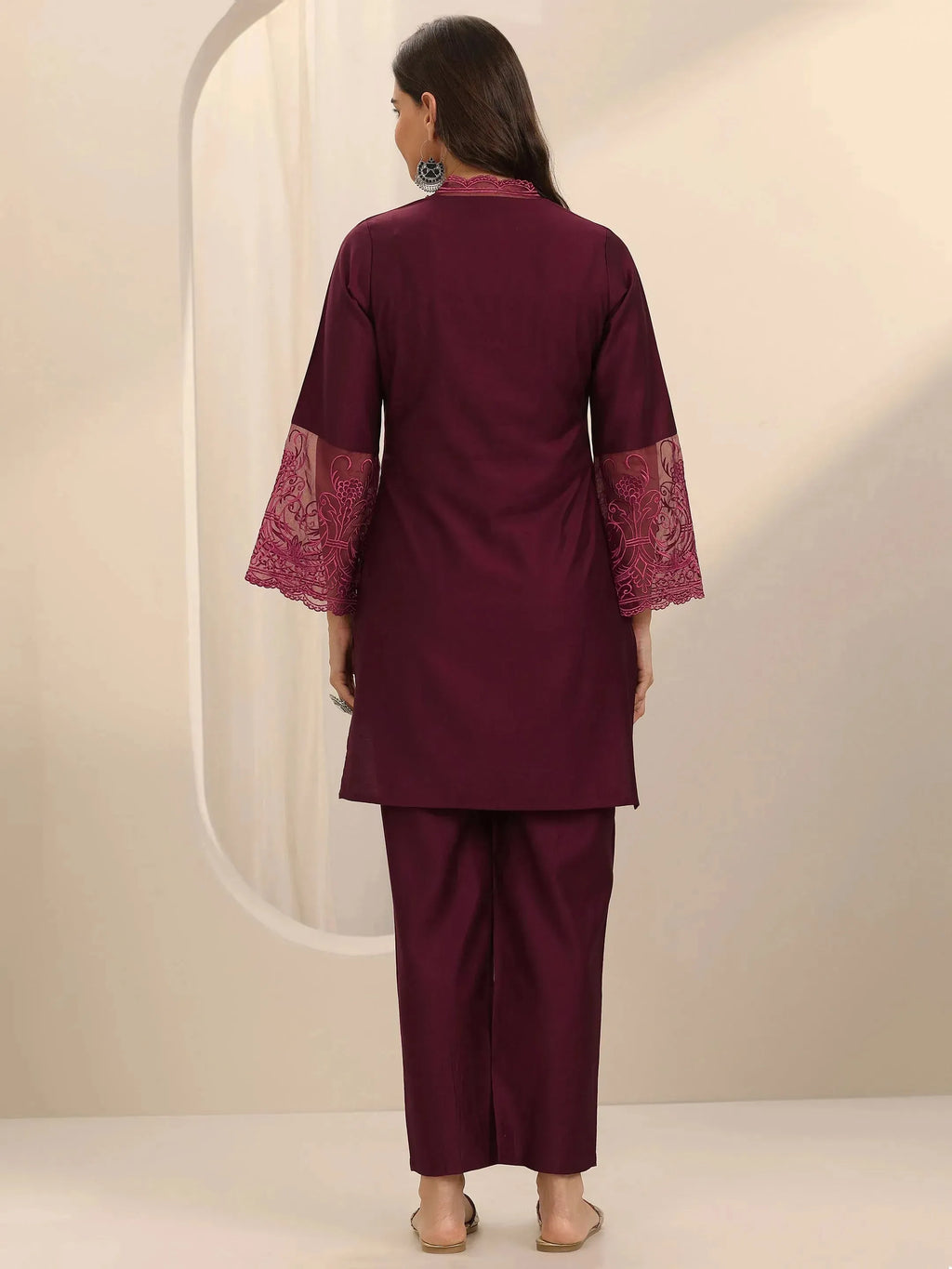 Libas Burgundy Self Design Silk Blend Co-Ord Sets