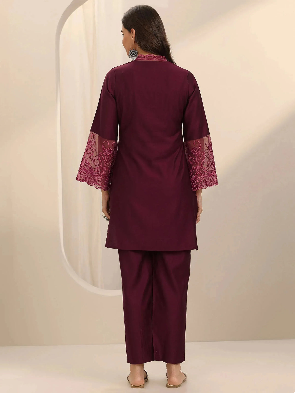 Libas Burgundy Self Design Silk Blend Co-Ord Sets