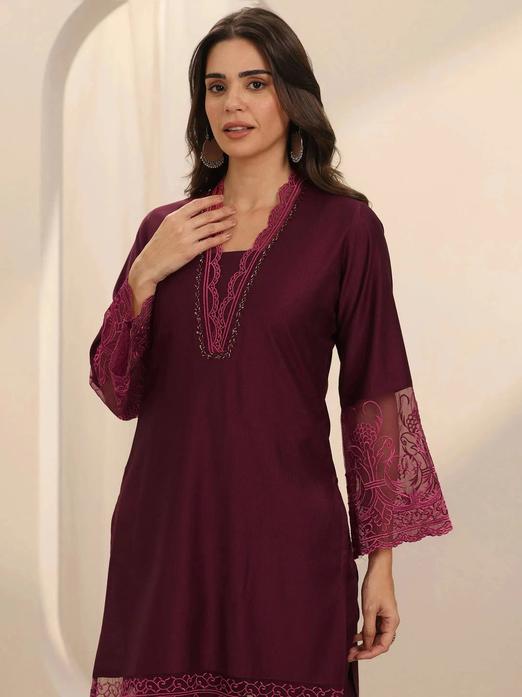Libas Burgundy Self Design Silk Blend Co-Ord Sets