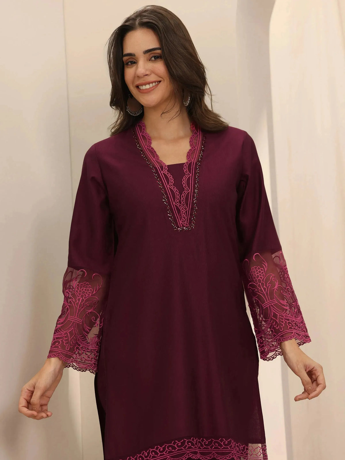 Libas Burgundy Self Design Silk Blend Co-Ord Sets