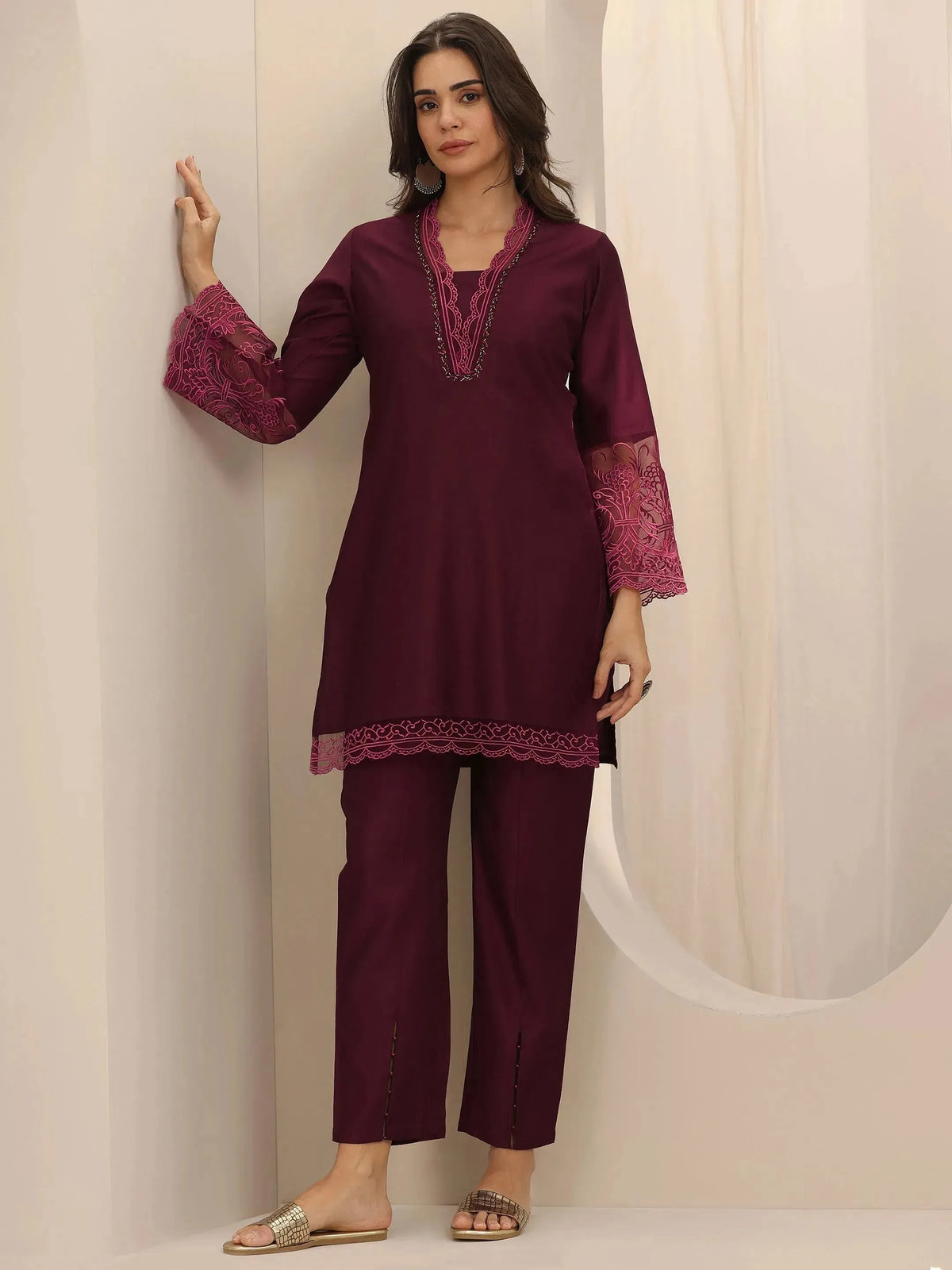 Libas Burgundy Self Design Silk Blend Co-Ord Sets