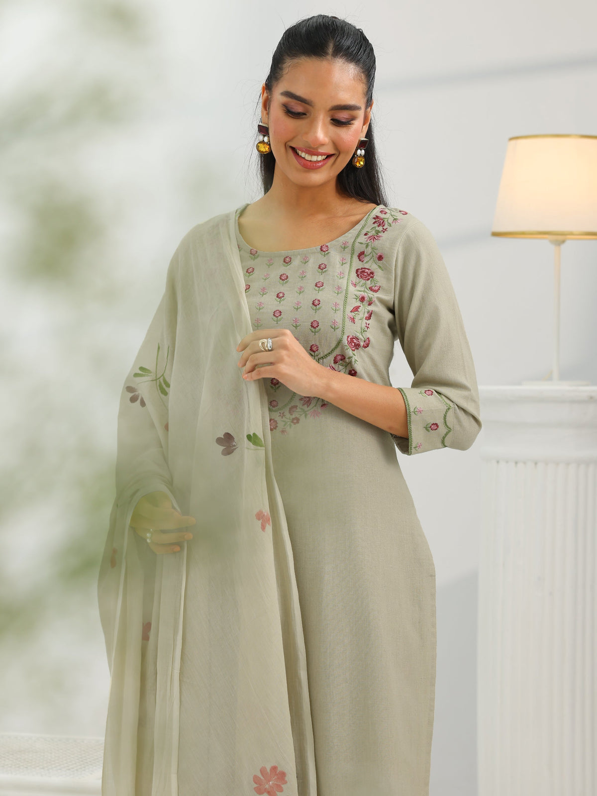 Libas Beige Yoke Design Cotton Straight Suit Set With Dupatta