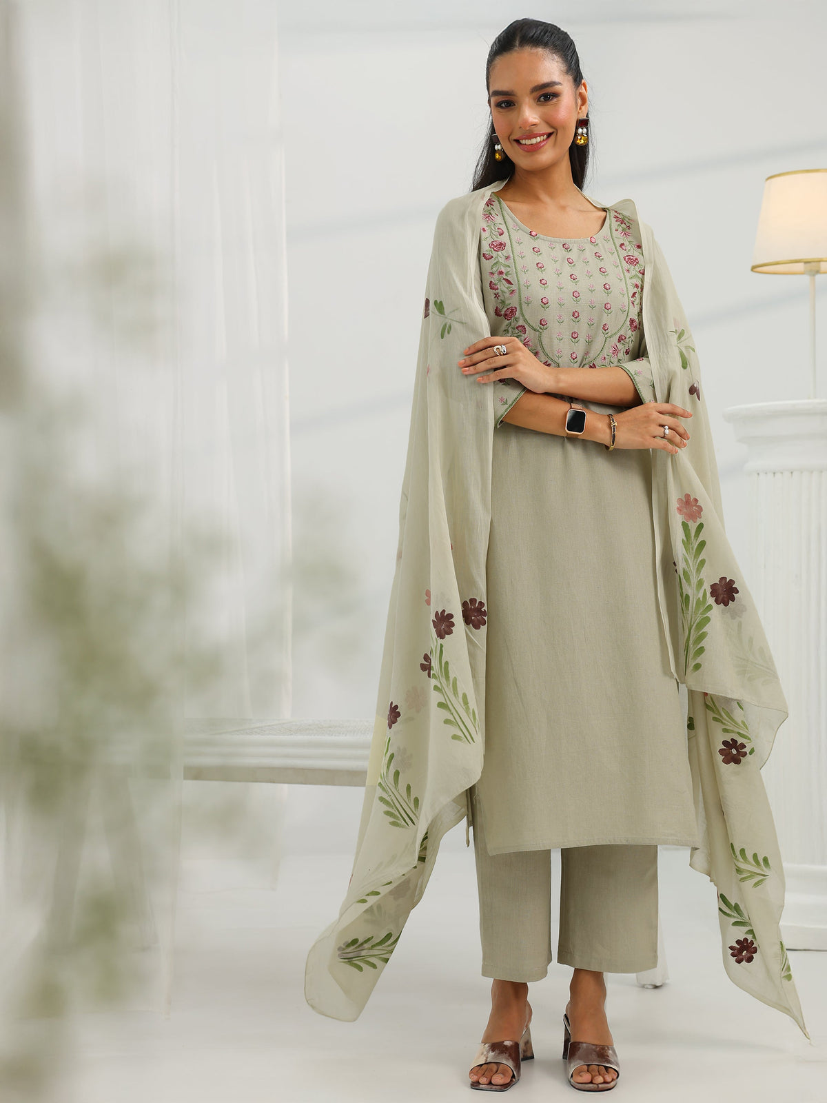 Libas Beige Yoke Design Cotton Straight Suit Set With Dupatta