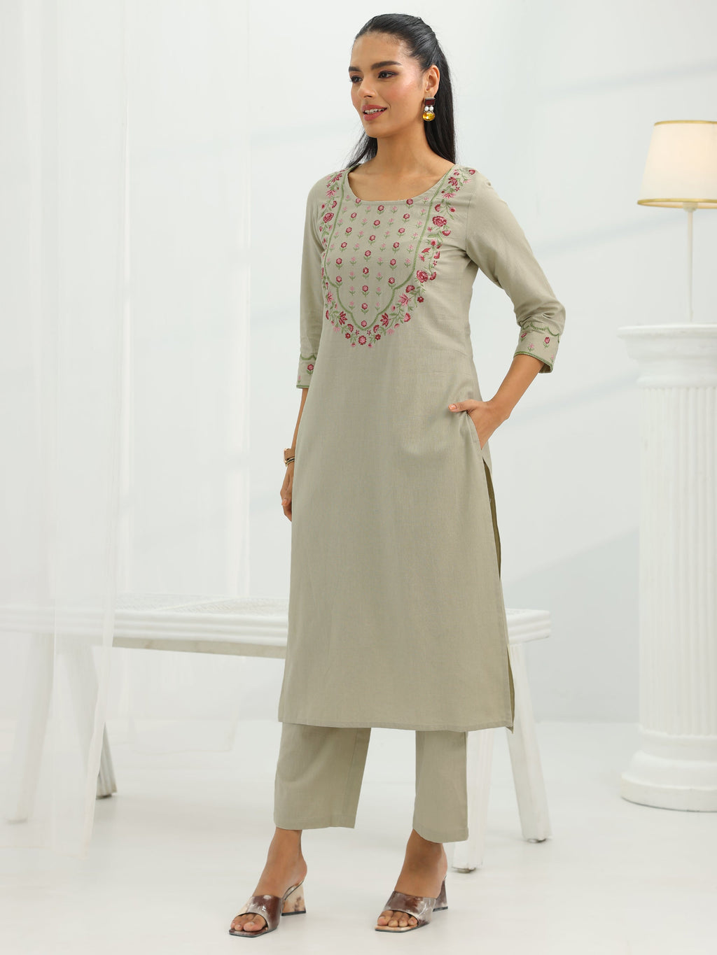Libas Beige Yoke Design Cotton Straight Suit Set With Dupatta