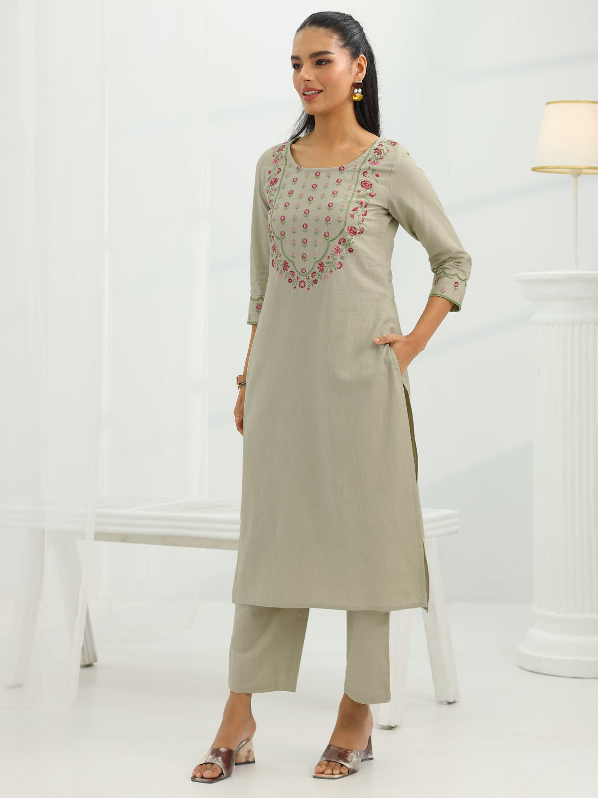Libas Beige Yoke Design Cotton Straight Suit Set With Dupatta