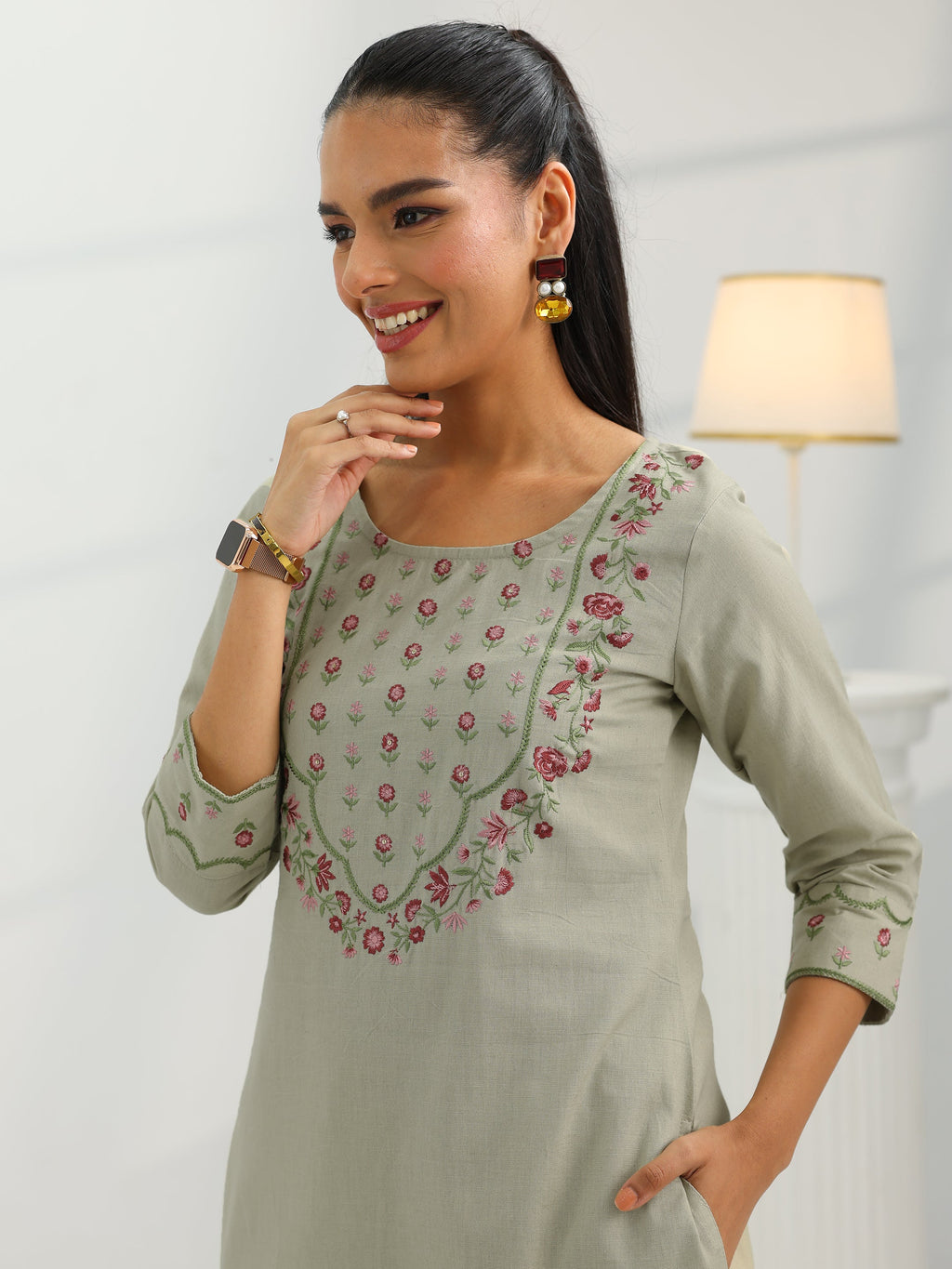 Libas Beige Yoke Design Cotton Straight Suit Set With Dupatta