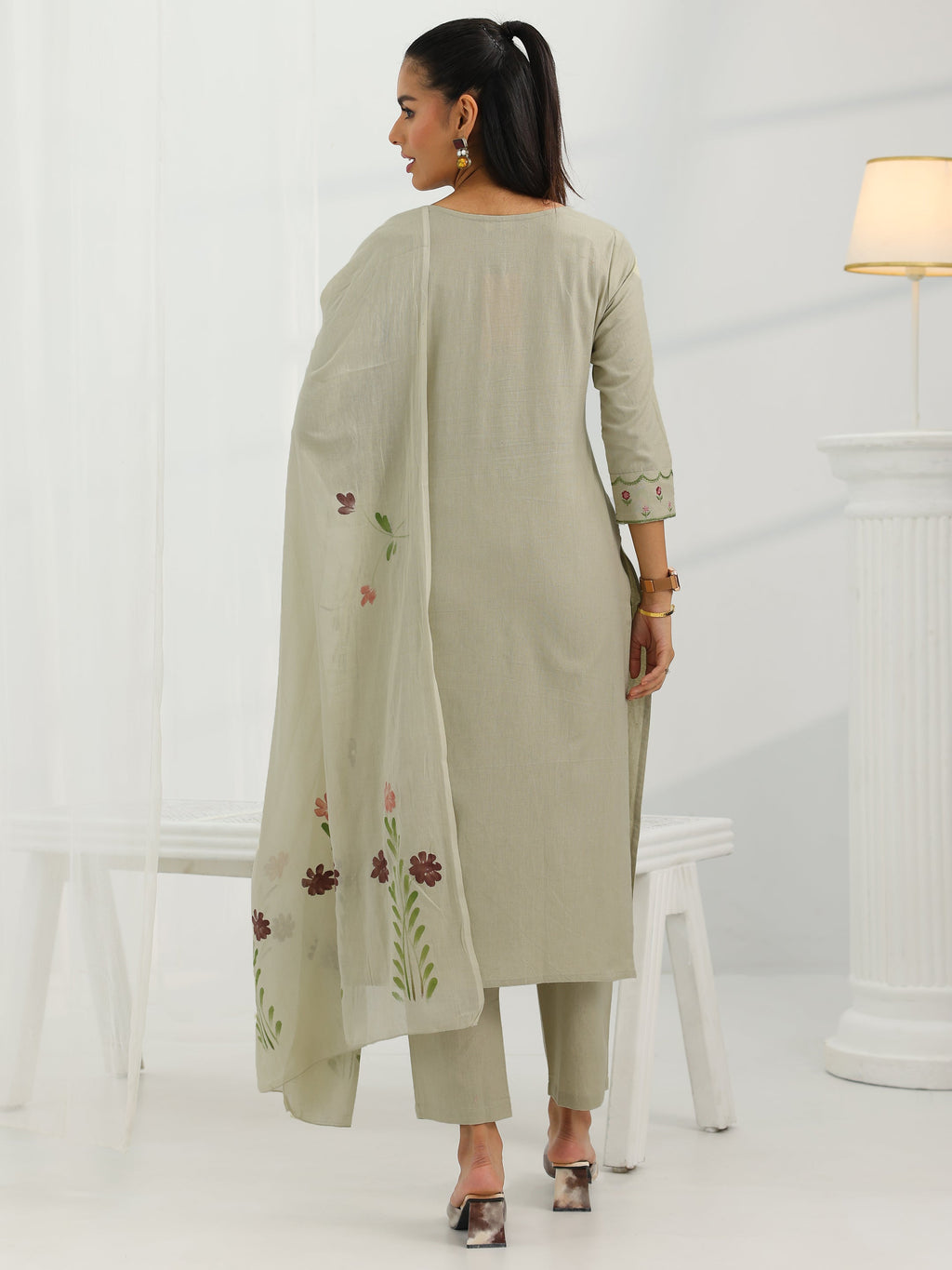 Libas Beige Yoke Design Cotton Straight Suit Set With Dupatta