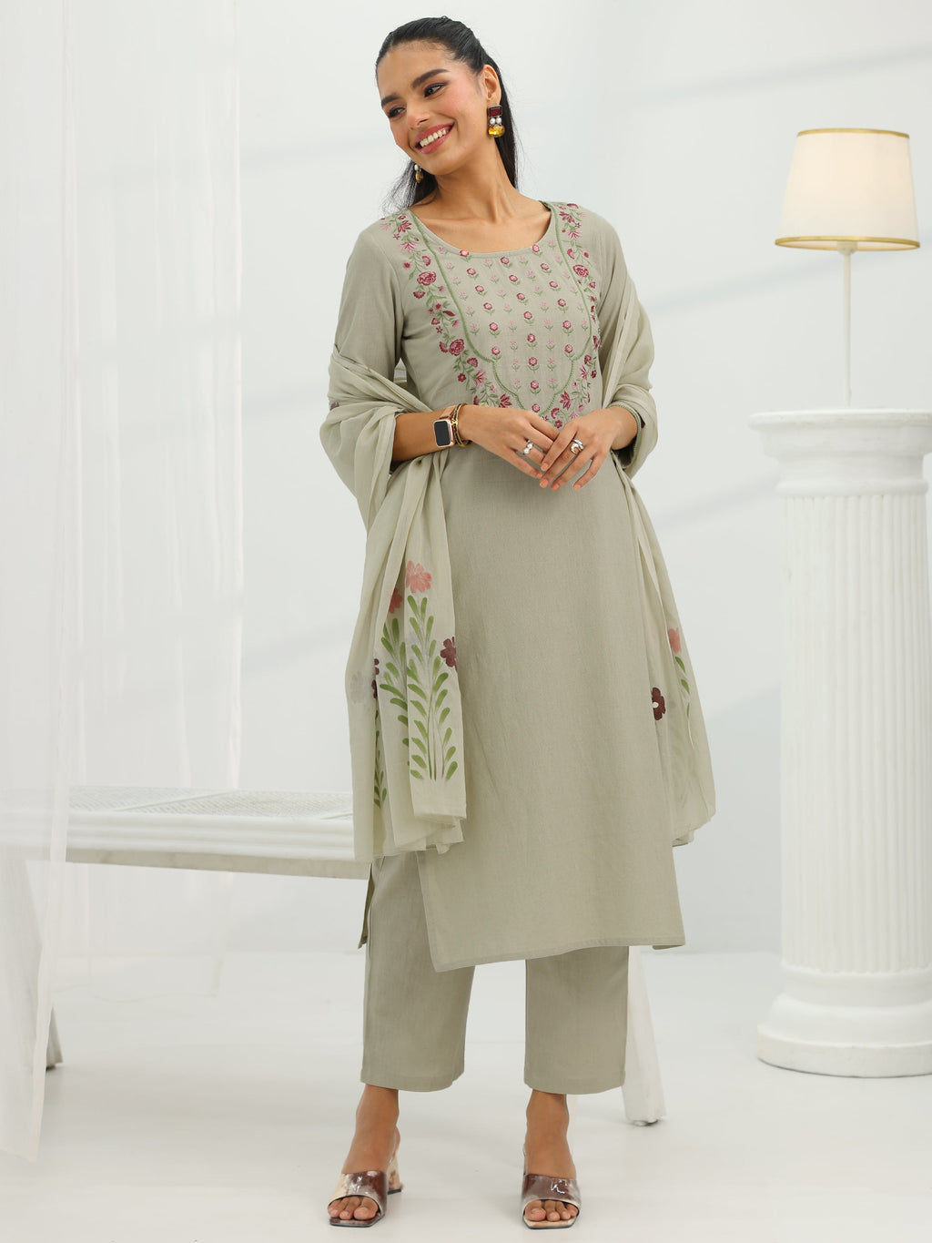 Libas Beige Yoke Design Cotton Straight Suit Set With Dupatta