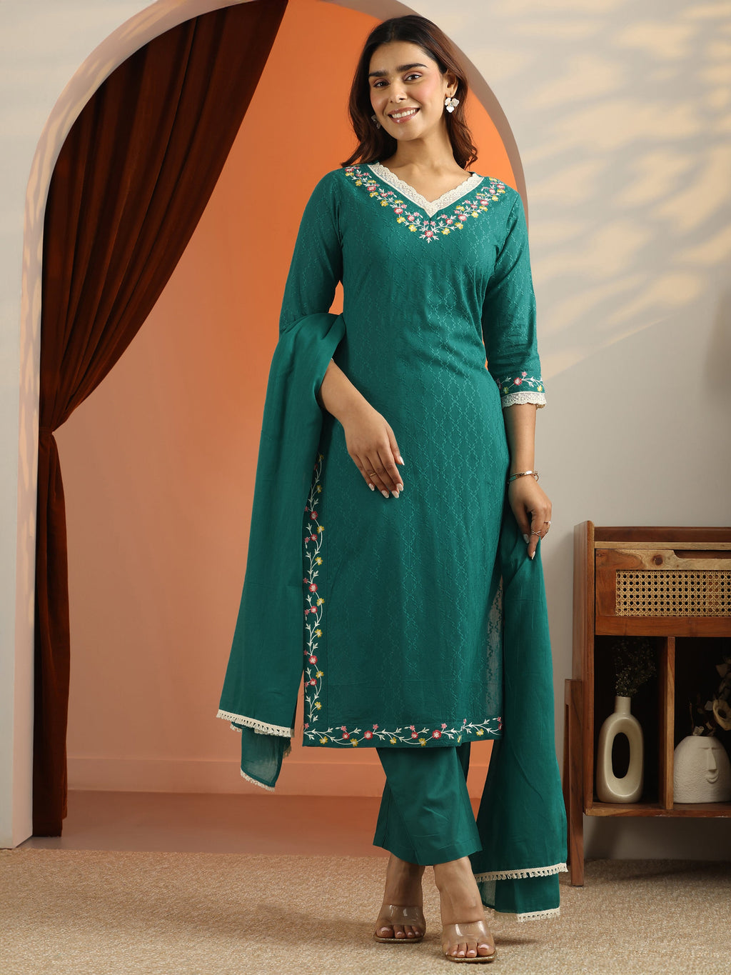 Libas Teal Woven Design Cotton Straight Suit Set With Dupatta