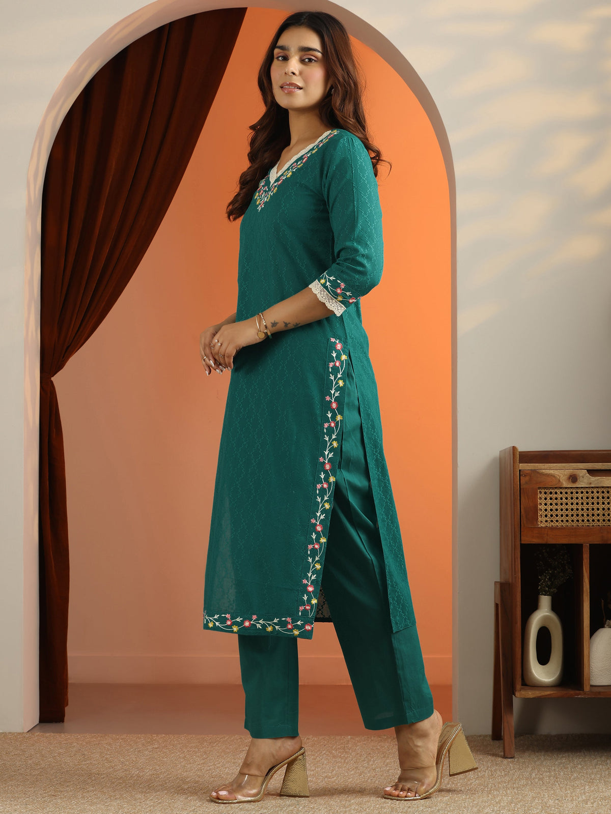 Libas Teal Woven Design Cotton Straight Suit Set With Dupatta