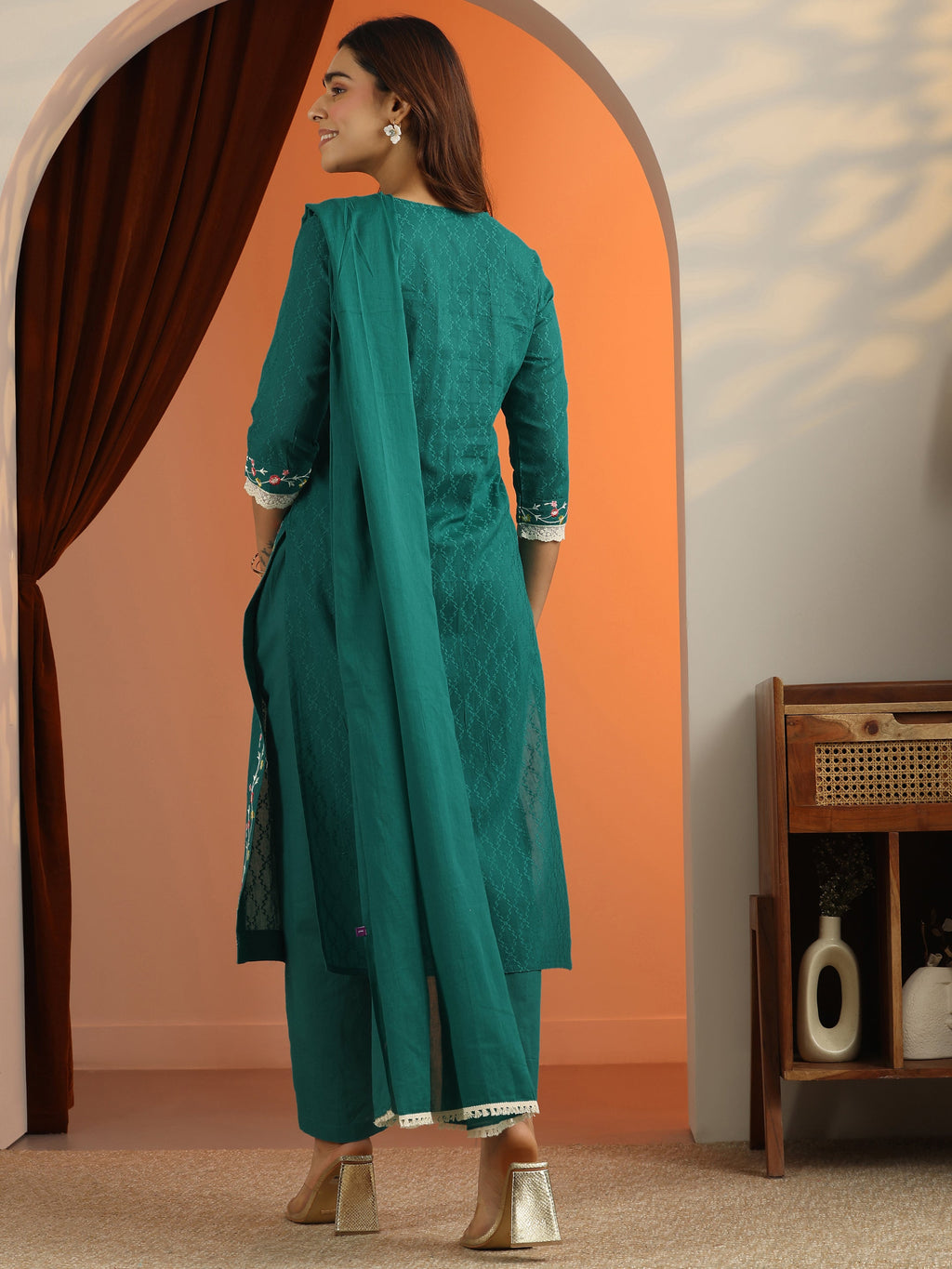 Libas Teal Woven Design Cotton Straight Suit Set With Dupatta