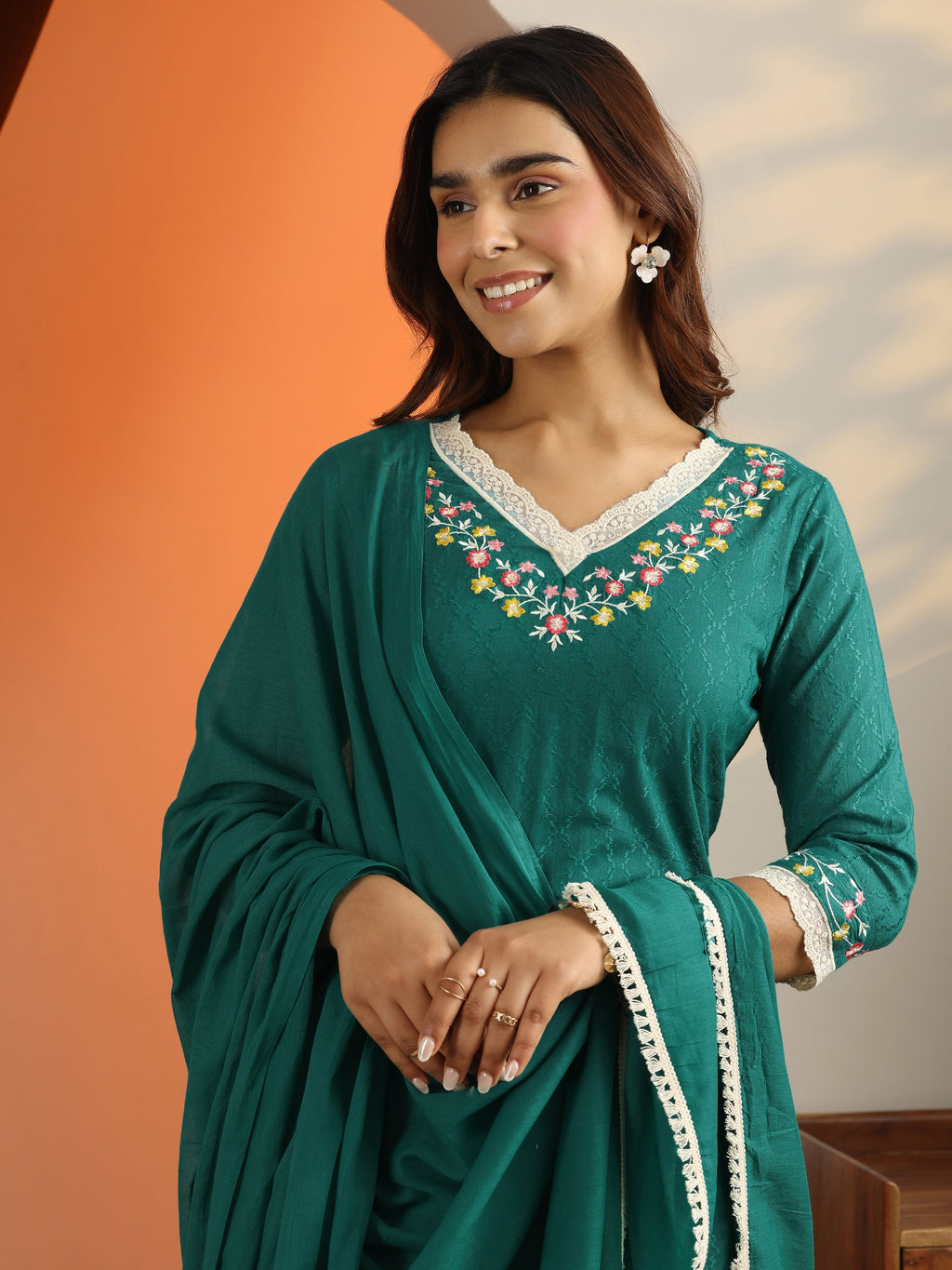 Libas Teal Woven Design Cotton Straight Suit Set With Dupatta
