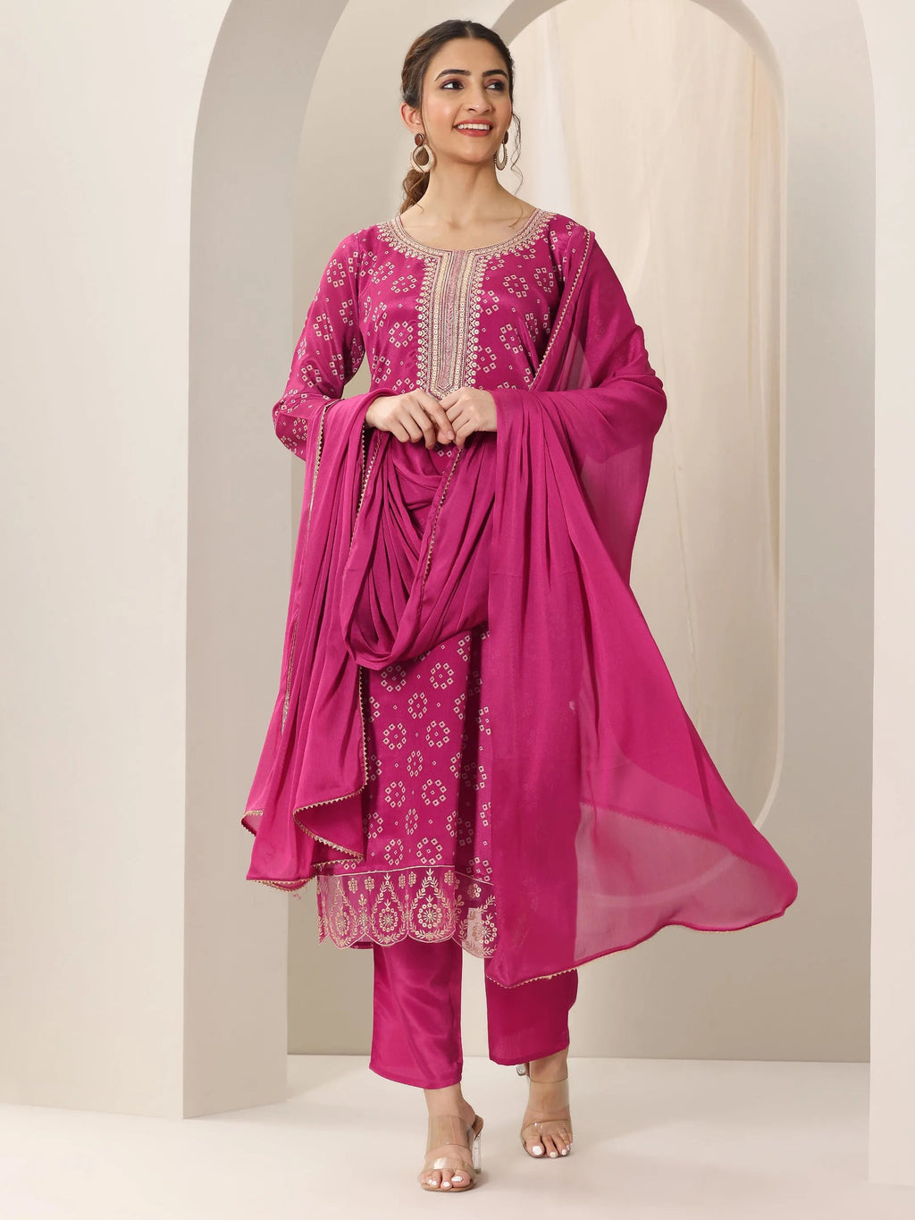 Libas Pink Printed Silk Blend Straight Suit Set With Dupatta