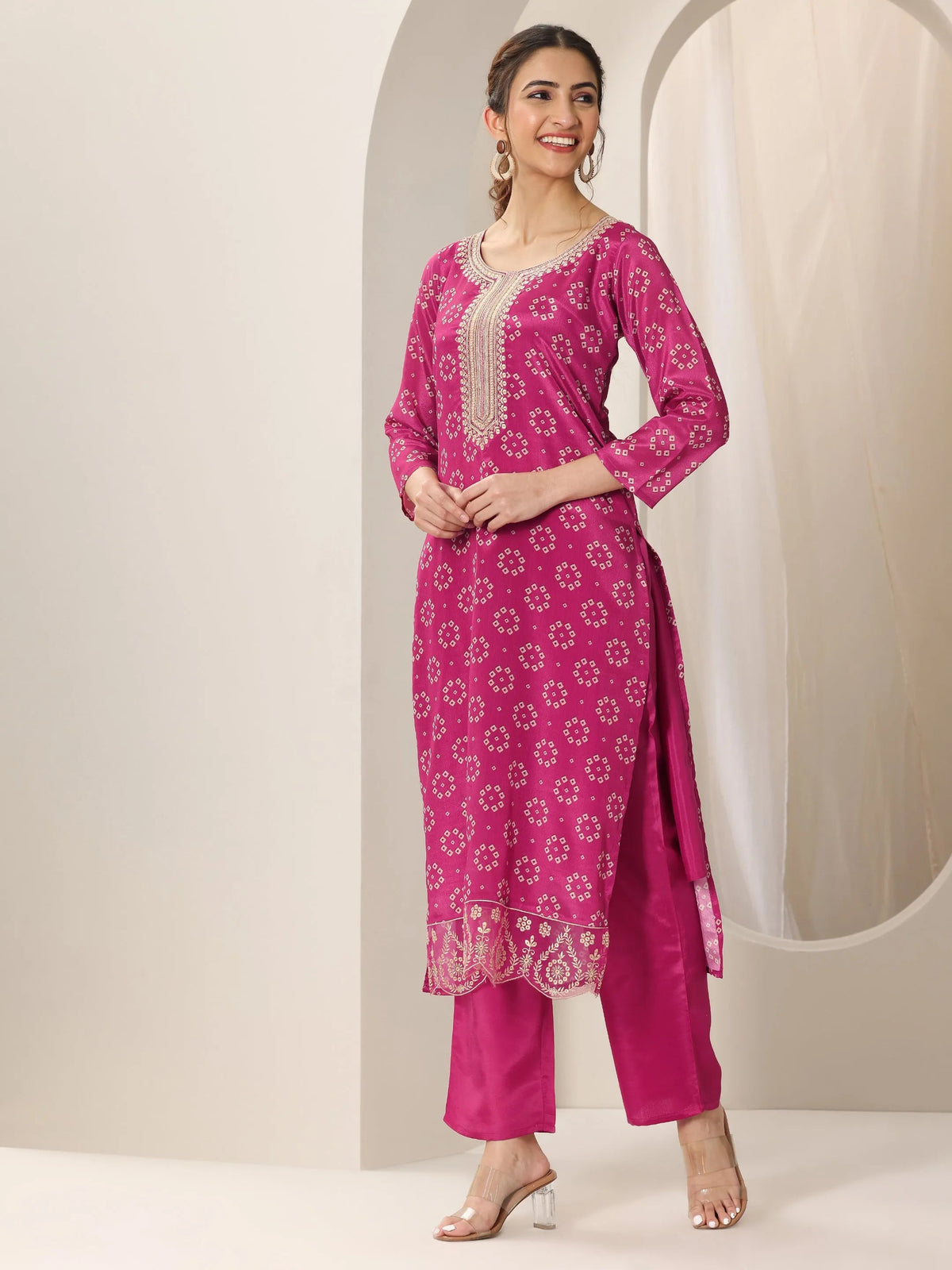 Libas Pink Printed Silk Blend Straight Suit Set With Dupatta