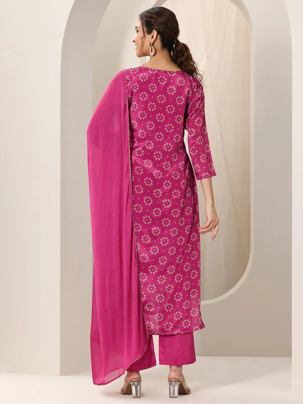 Libas Pink Printed Silk Blend Straight Suit Set With Dupatta
