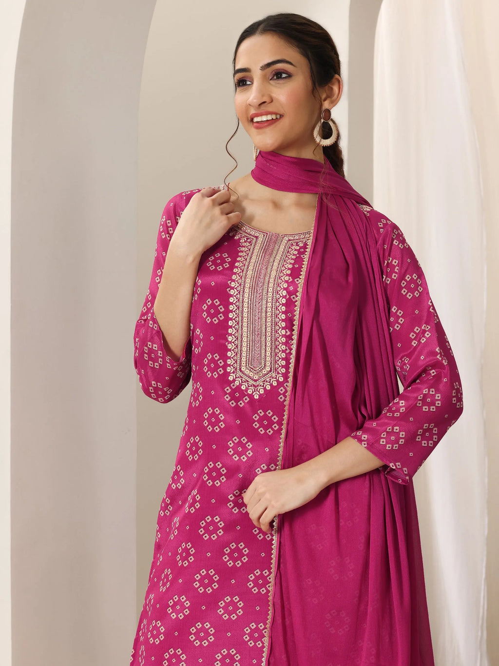 Libas Pink Printed Silk Blend Straight Suit Set With Dupatta