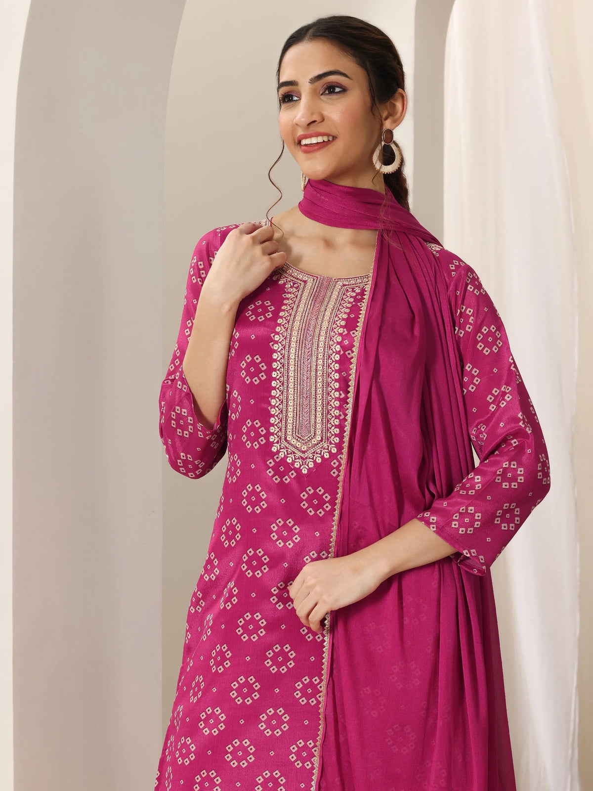Libas Pink Printed Silk Blend Straight Suit Set With Dupatta