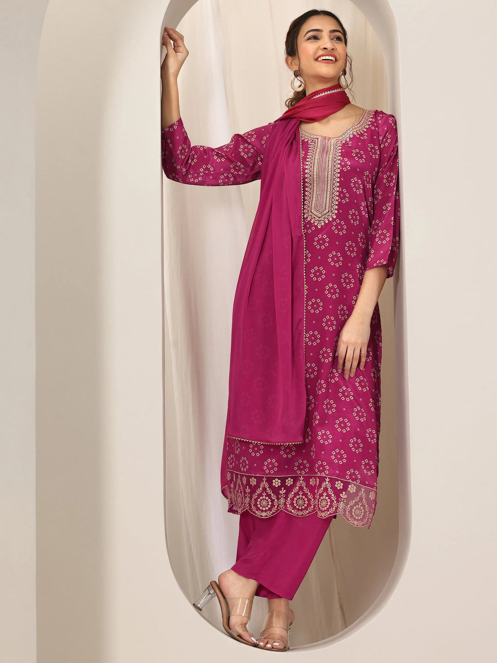 Libas Pink Printed Silk Blend Straight Suit Set With Dupatta