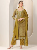 Libas Olive Printed Silk Blend Straight Suit Set With Dupatta