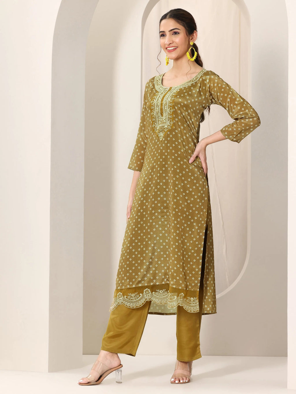 Libas Olive Printed Silk Blend Straight Suit Set With Dupatta