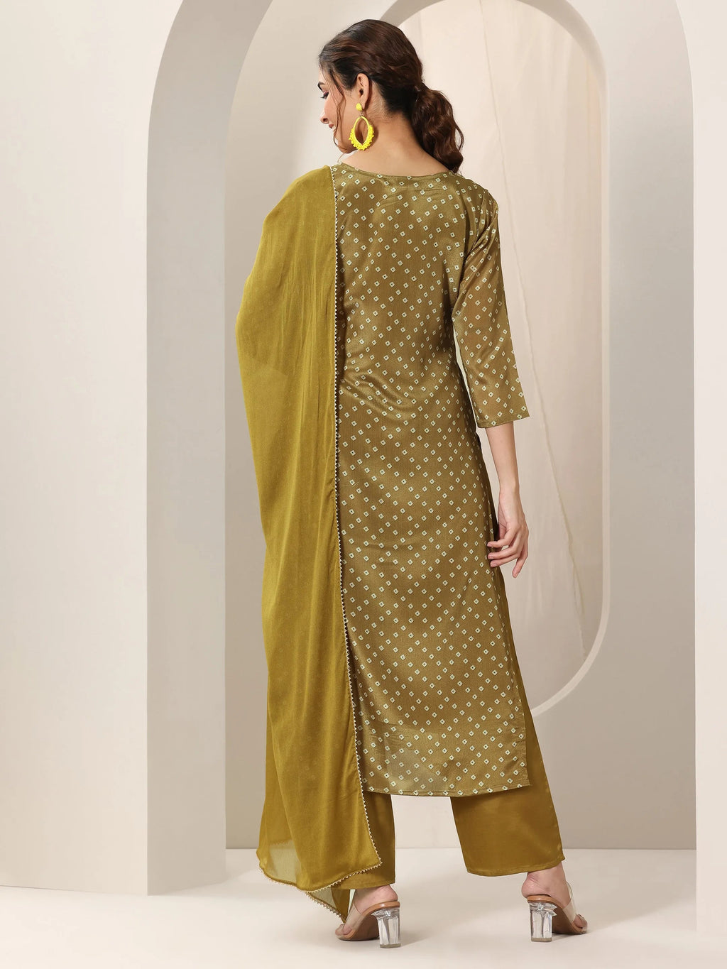 Libas Olive Printed Silk Blend Straight Suit Set With Dupatta