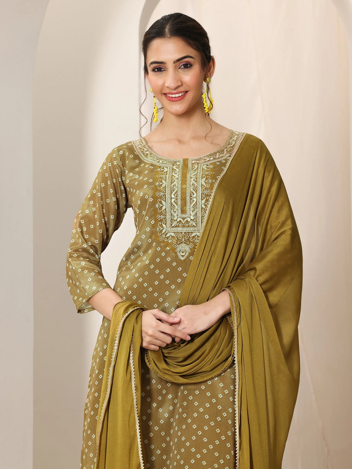 Libas Olive Printed Silk Blend Straight Suit Set With Dupatta