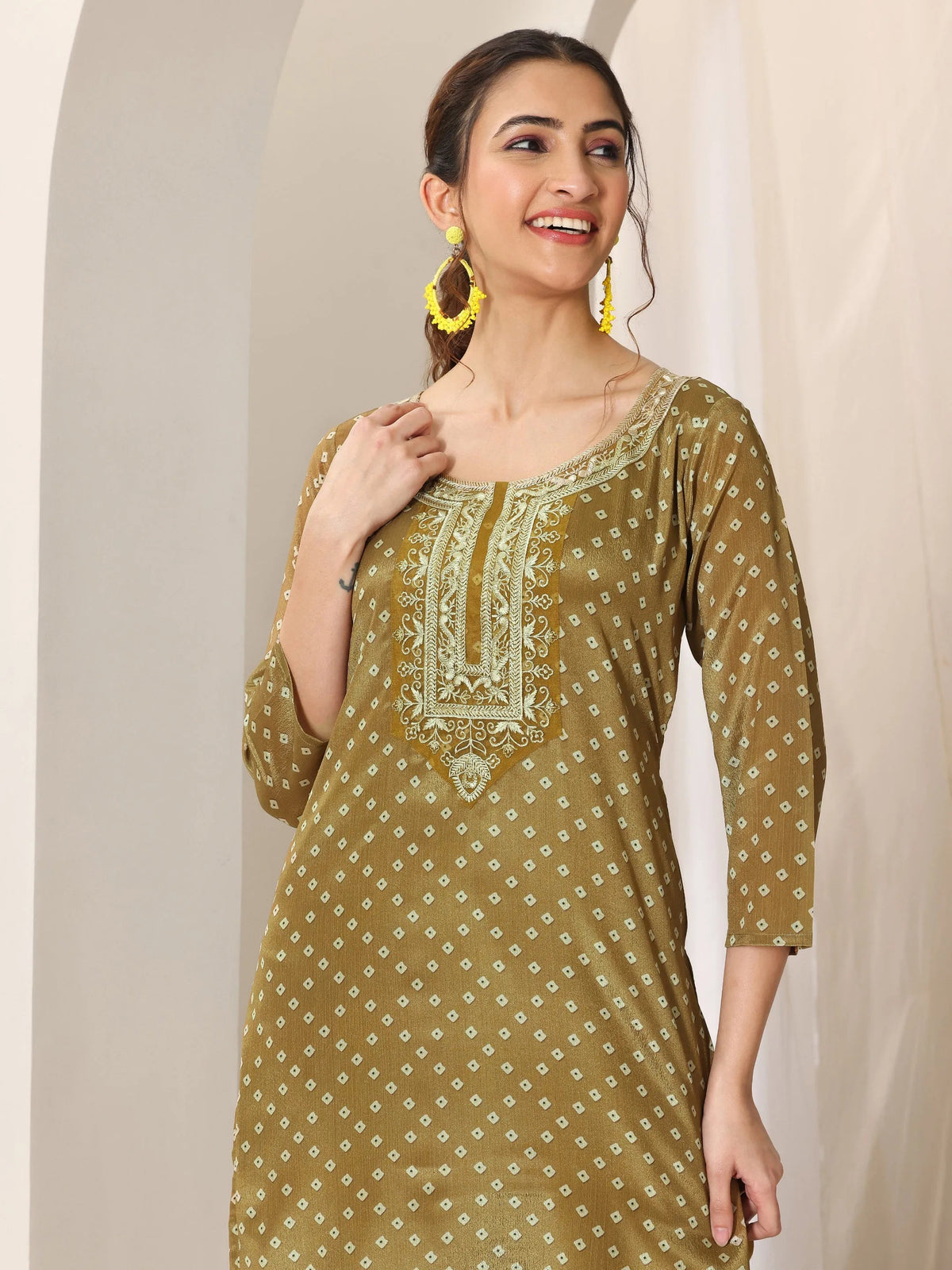 Libas Olive Printed Silk Blend Straight Suit Set With Dupatta