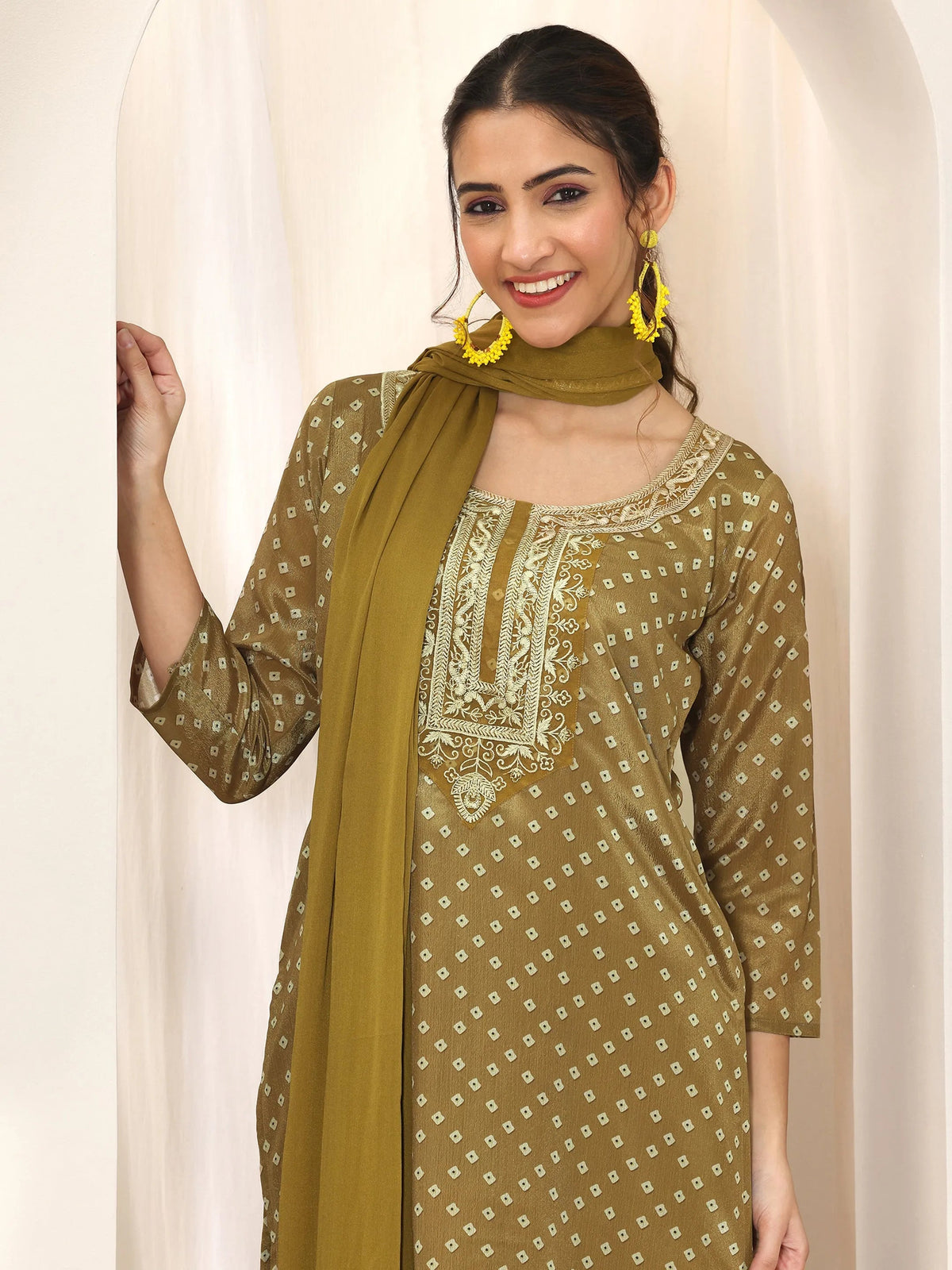 Libas Olive Printed Silk Blend Straight Suit Set With Dupatta