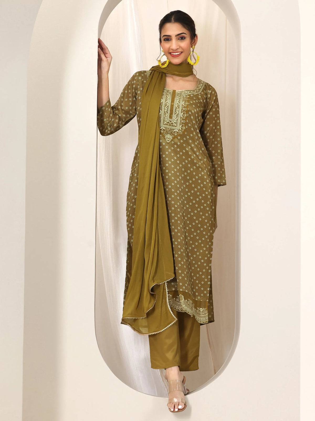 Libas Olive Printed Silk Blend Straight Suit Set With Dupatta