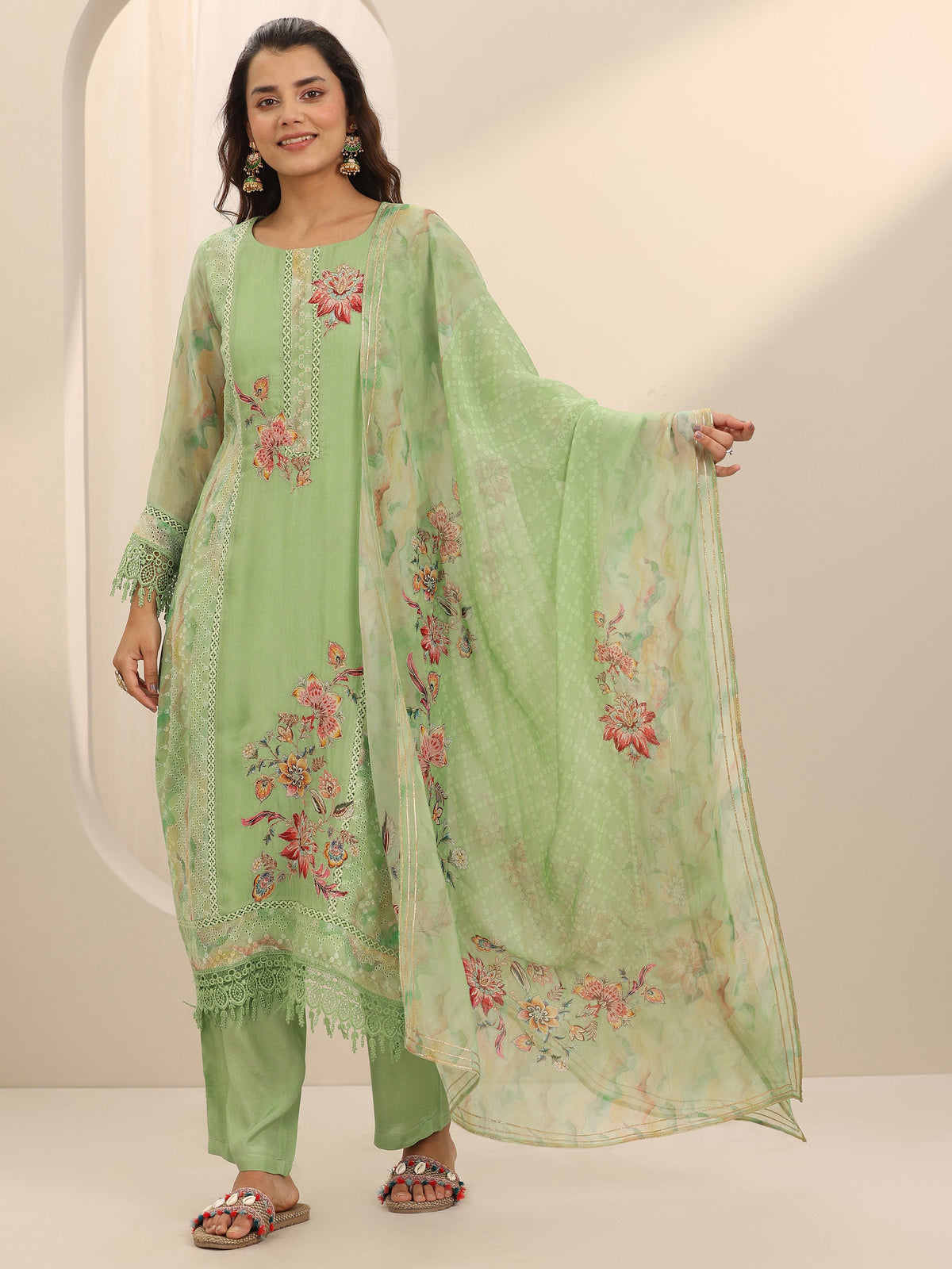 Libas Green Printed Organza Straight Suit Set With Dupatta