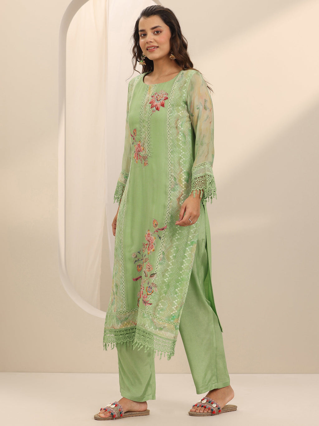 Libas Green Printed Organza Straight Suit Set With Dupatta