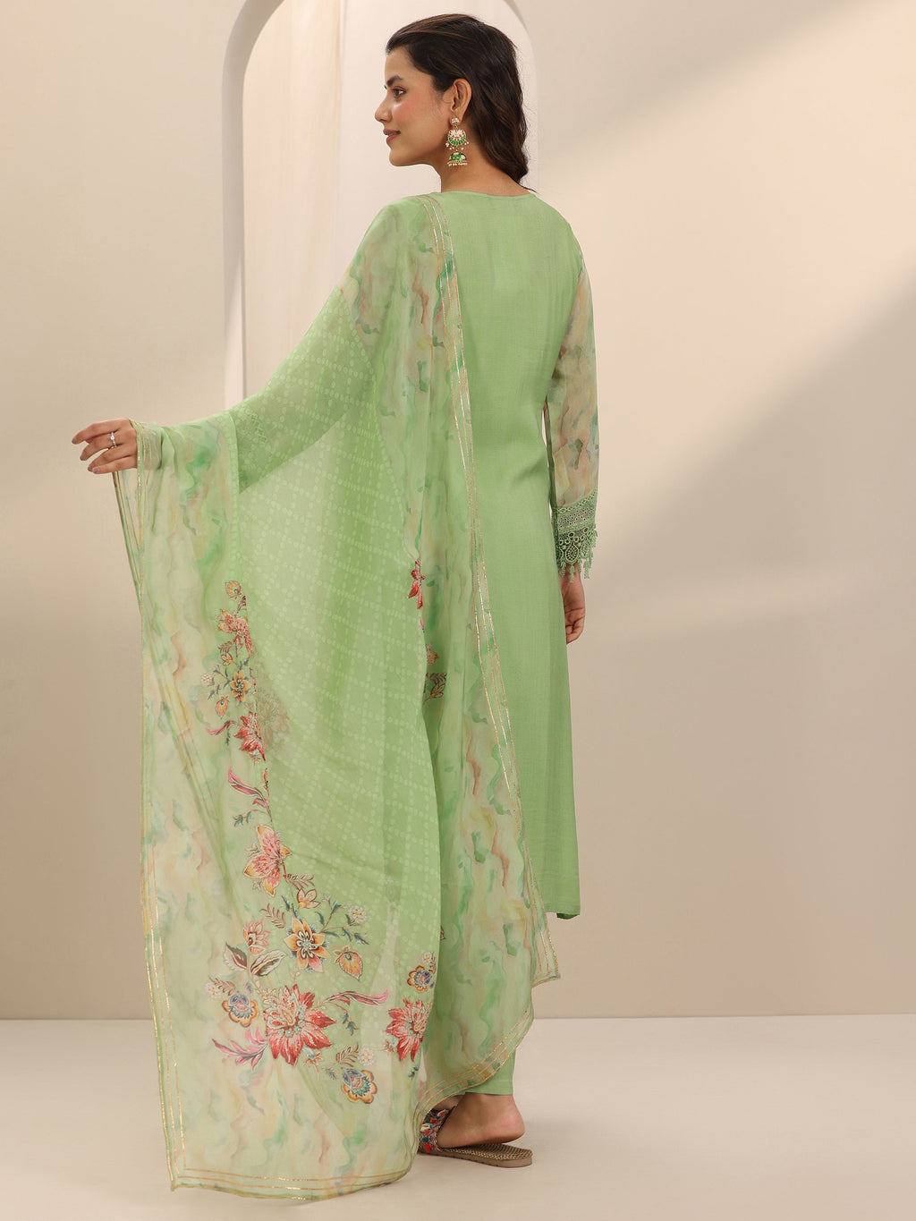 Libas Green Printed Organza Straight Suit Set With Dupatta
