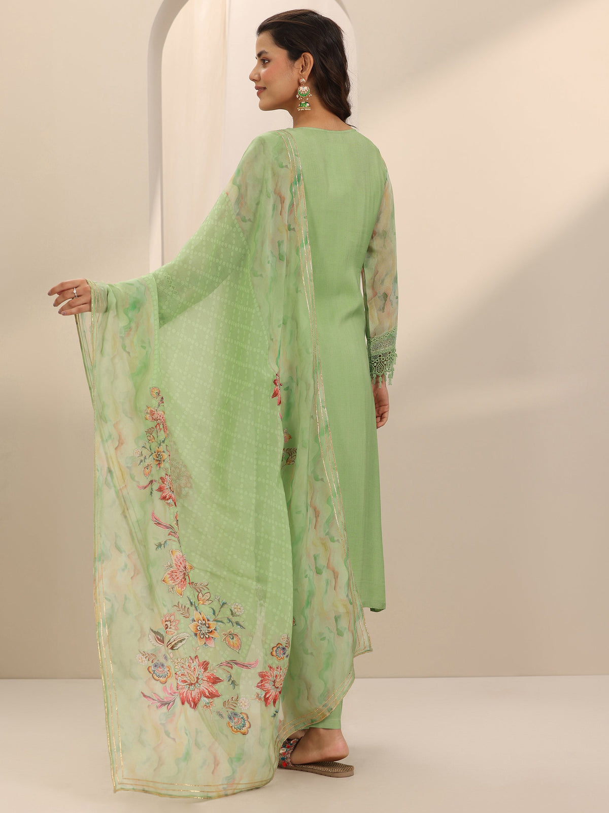 Libas Green Printed Organza Straight Suit Set With Dupatta