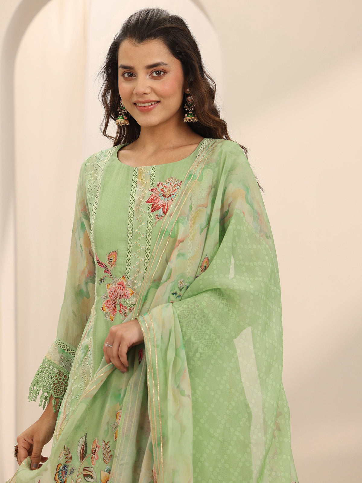 Libas Green Printed Organza Straight Suit Set With Dupatta